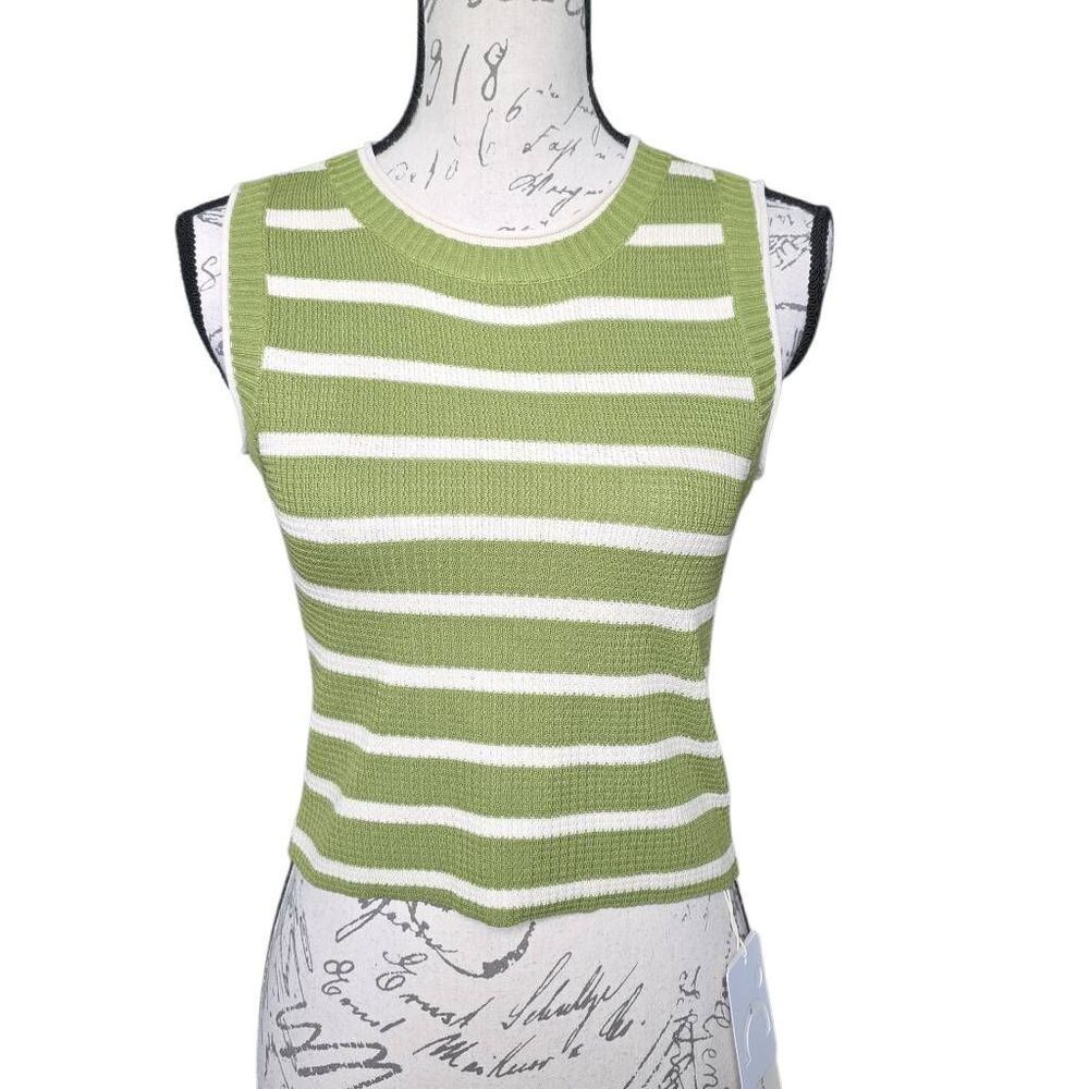 Commense Women's Size Large Green White Striped Knit Sleeveless Crop